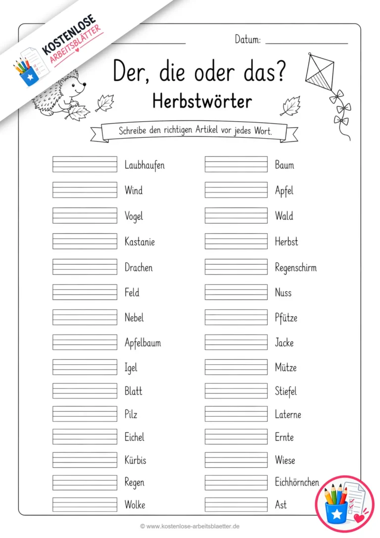 Artikel vor Herbstwörter setzen